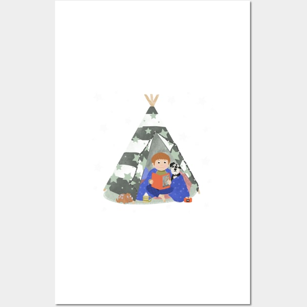 Little boy in a teepee den with story book and puppy surrounded by stars Wall Art by NattyDesigns